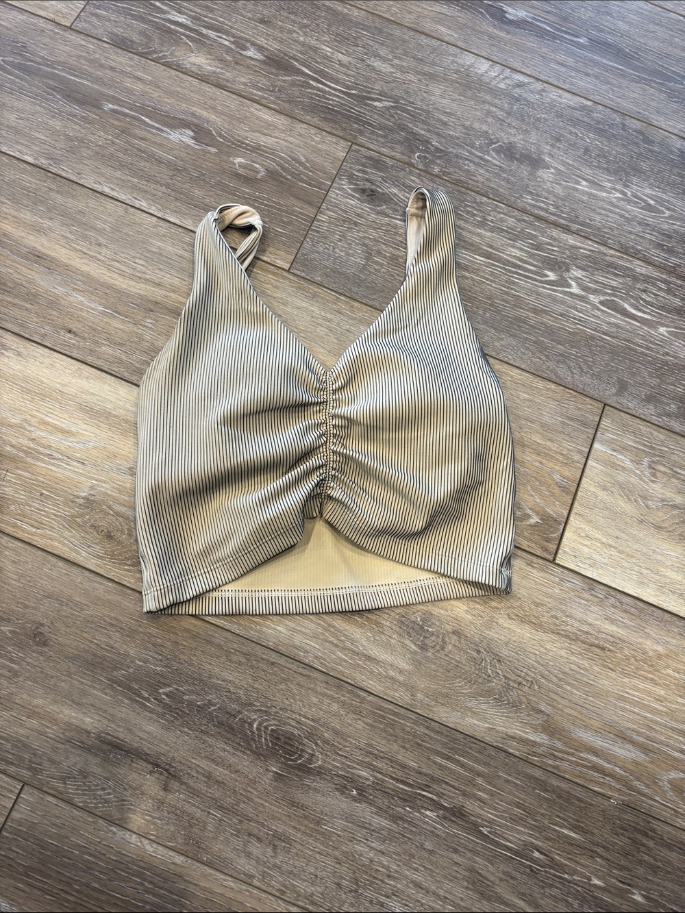 aerie Striped Ruched V-Neck Crop Tank - Beige & White